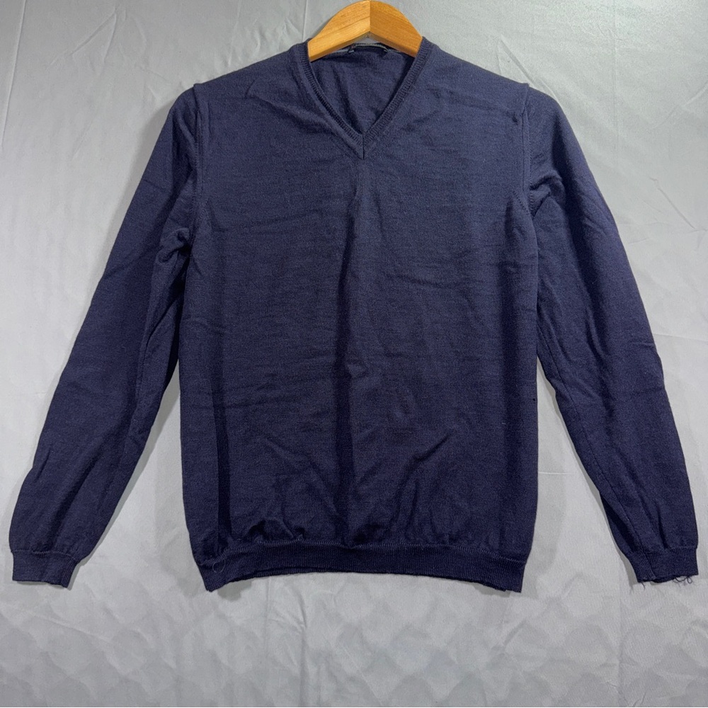 Canali Sweater Mens 46 Navy Blue V Neck 100% Wool Lightweight Knit Pullover